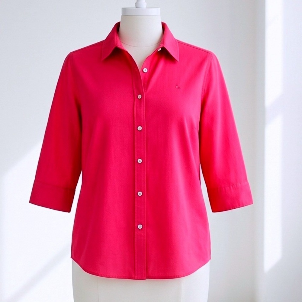 Lauren Ralph Lauren XL‎ Red Pink Cotton 3/4 Sleeve Button Up Shirt * Has spot*